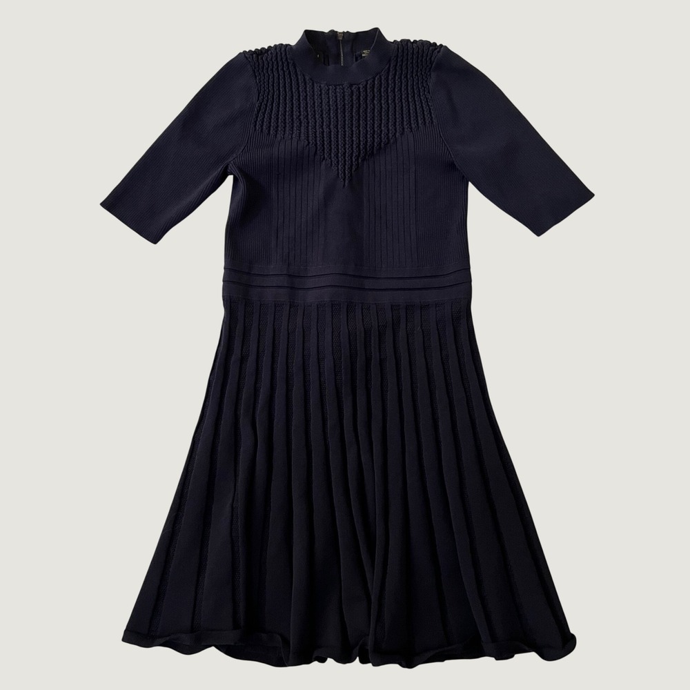 Ted Baker Dress Navy Blue Ribbed Knit Pleated Fit Flare Mock Neck Size 3